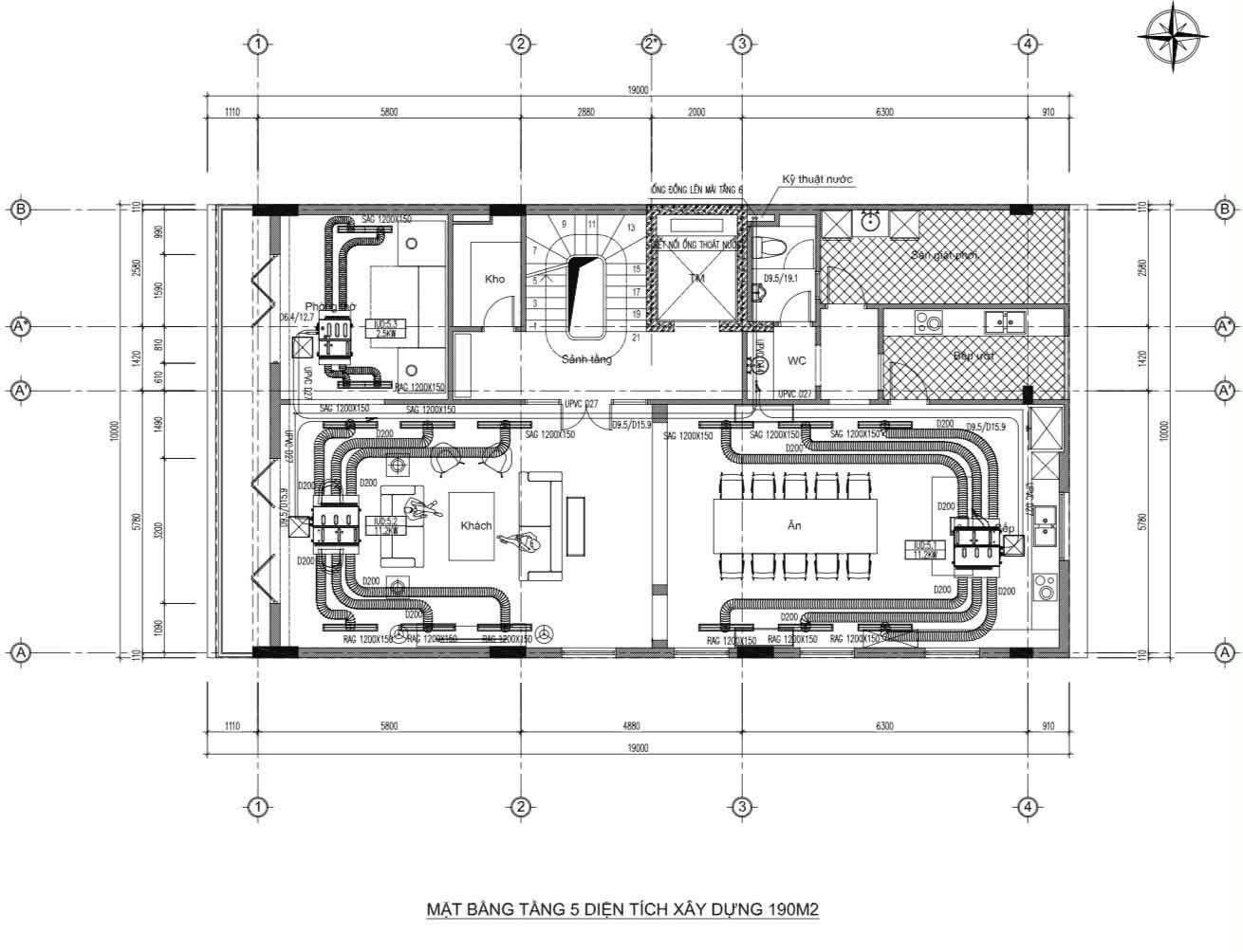 Bản vẽ mặt bằng bố trí điều hòa trung tâm cho một tầng diện tích 190m2